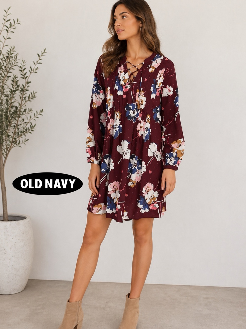 🌺 Old Navy Floral Lace-Up Swing Dress | Size Medium | Burgundy Boho Shift Dress